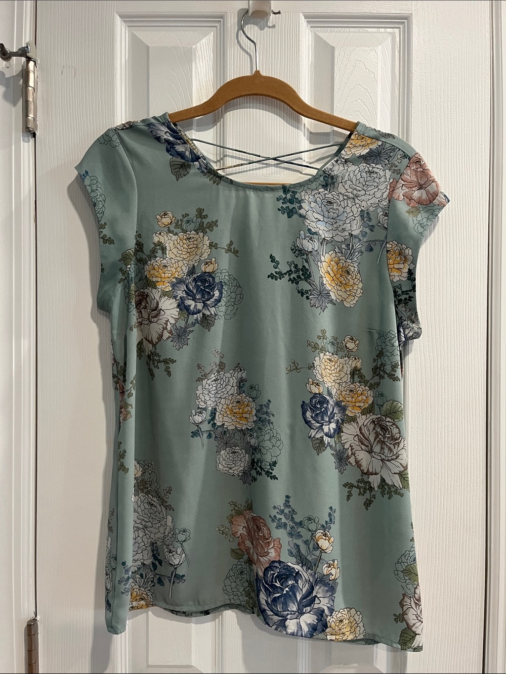 Floral Print Cap-Sleeve Blouse - Sage Green